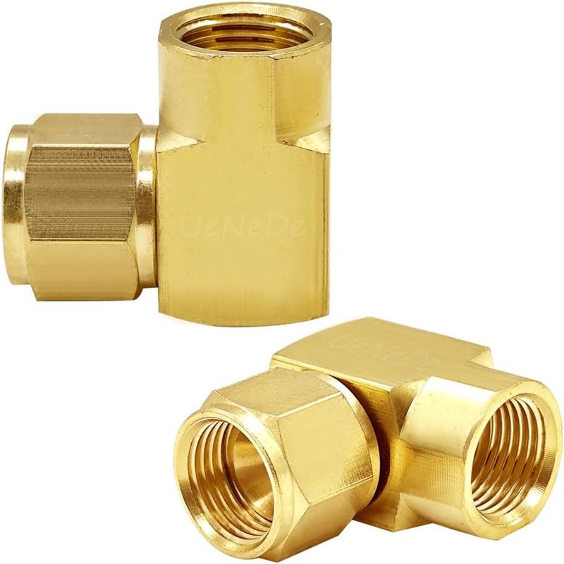 Uenede 2PCS Brass 90 Degrees Swivel Elbow Flare Fitting, 3/8 Flare Female Coupler, 3/8" Tube OD SAE 45 Degree Nut Gas Adapter Nipple Pipe Fitting Connector - Image 1